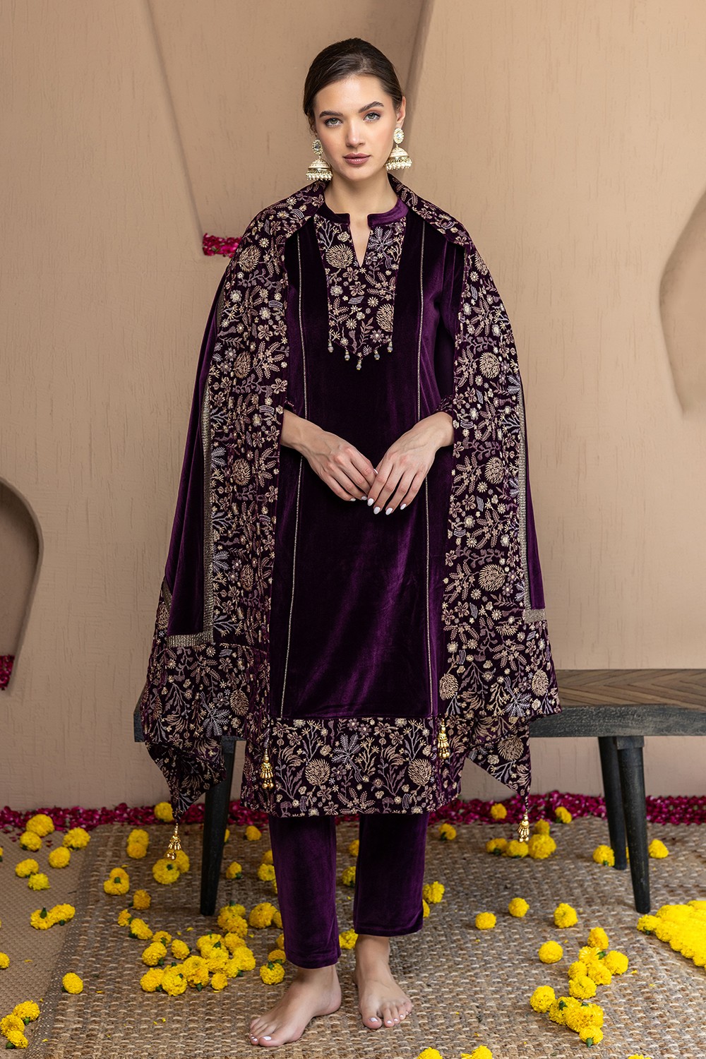 PURPLE HEAVY EMBROIDERED DUPATTA SET